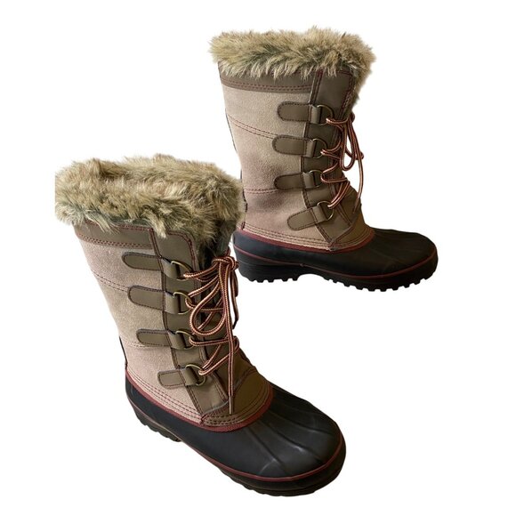 Khombu Lined Winter Boots Brown Lace Up Rubber Bottom Mid Calf Faux Fur Lined 7 - Picture 4 of 13